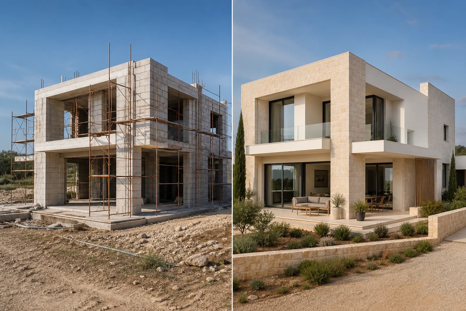 A Cyprus home shown during construction and after completion